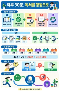 하루 30분 독서의 5단계 실천 흐름과 주간 계산, 이해 확인, 결과 피드백을 정리한 인포그래픽