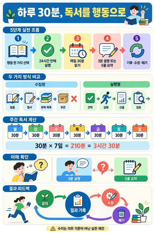 하루 30분 독서의 5단계 실천 흐름과 주간 계산, 이해 확인, 결과 피드백을 정리한 인포그래픽