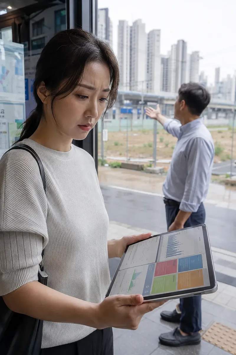 Woman reviewing data on a tablet as a man points toward a construction site by high-rise apartments