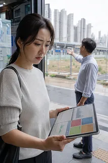 Woman reviewing data on a tablet as a man points toward a construction site by high-rise apartments