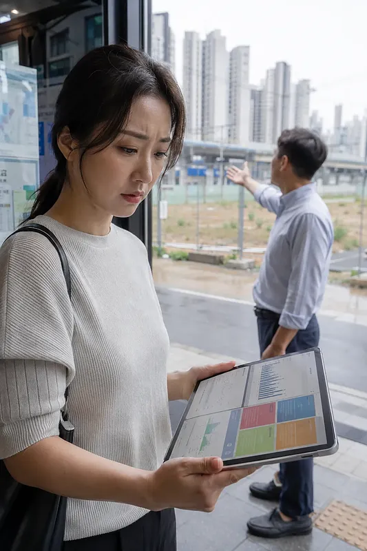 Woman reviewing data on a tablet as a man points toward a construction site by high-rise apartments