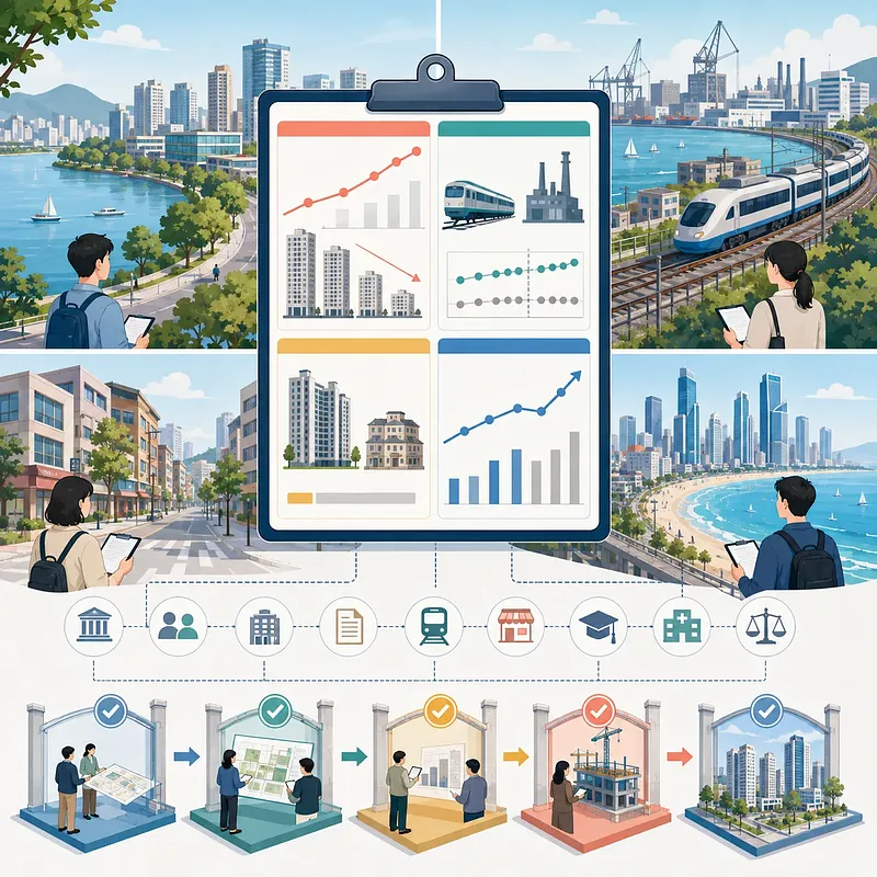 해안 도시 4곳과 부동산 지표, 교통·생활 인프라, 임장 절차를 담은 일러스트