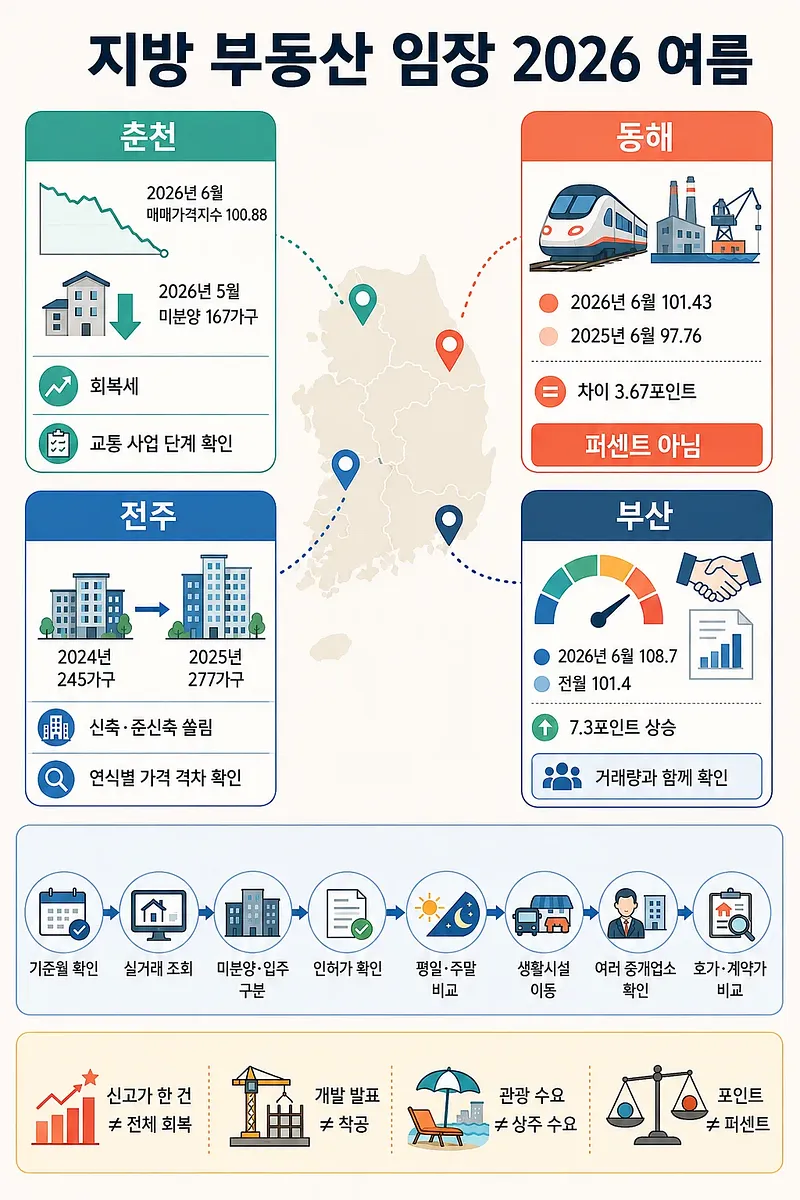 춘천·동해·전주·부산의 부동산 지표와 임장 확인 사항을 정리한 한국 지도 인포그래픽