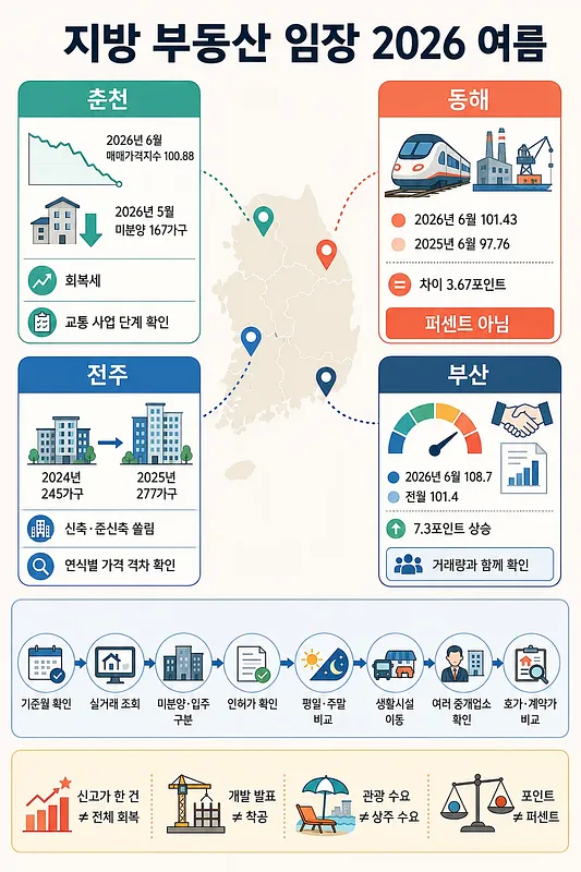 춘천·동해·전주·부산의 부동산 지표와 임장 확인 사항을 정리한 한국 지도 인포그래픽