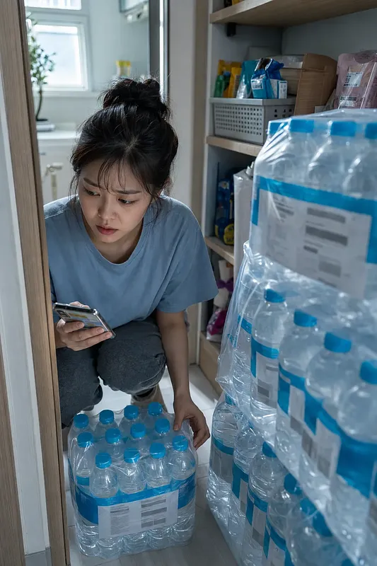 생수 묶음이 쌓인 수납실에서 휴대전화를 보며 생수 한 팩을 옮기는 여성