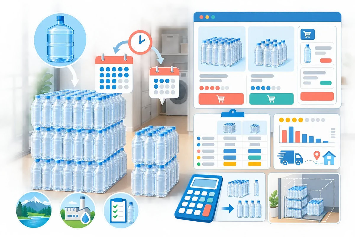 Stacks of bottled water with online price comparison, delivery, and storage graphics