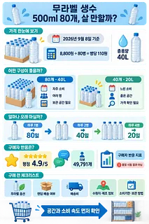 무라벨 생수 500ml 80병의 가격, 용량, 소비 기간과 구매 체크리스트를 정리한 인포그래픽
