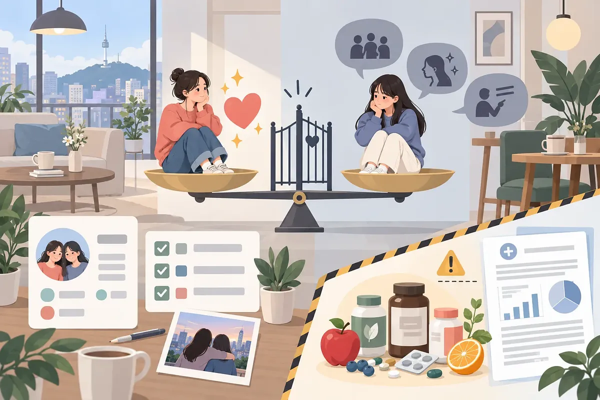저울 양쪽에 앉은 두 여성과 하트, 부정적인 말풍선, 우정 점검표가 있는 일러스트