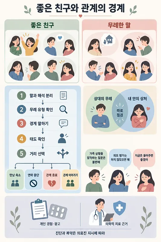 Infografía en coreano sobre buenos amigos, comentarios groseros y cinco pasos para poner límites
