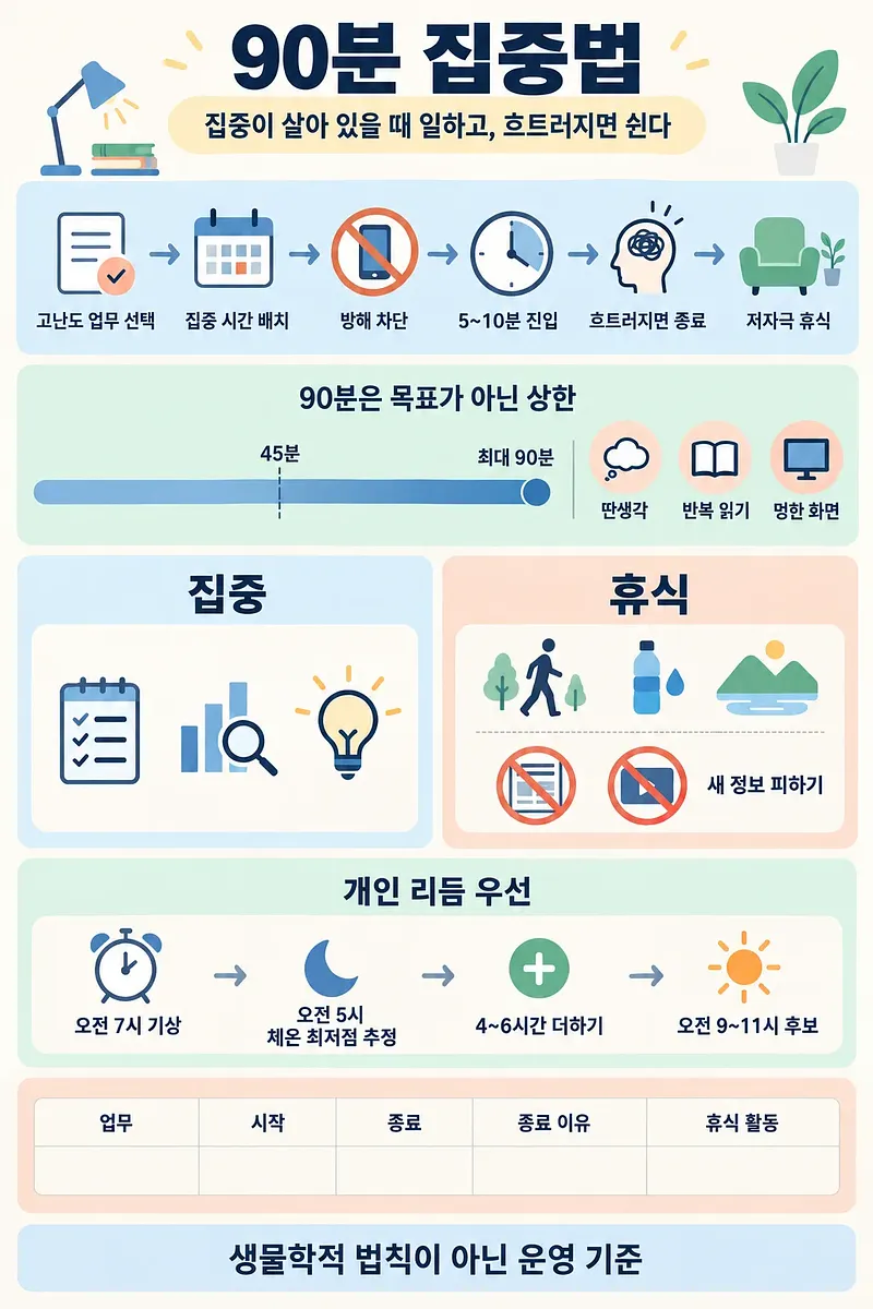 90분 집중법의 업무 선택, 집중 시간, 방해 차단, 휴식 원칙을 정리한 인포그래픽