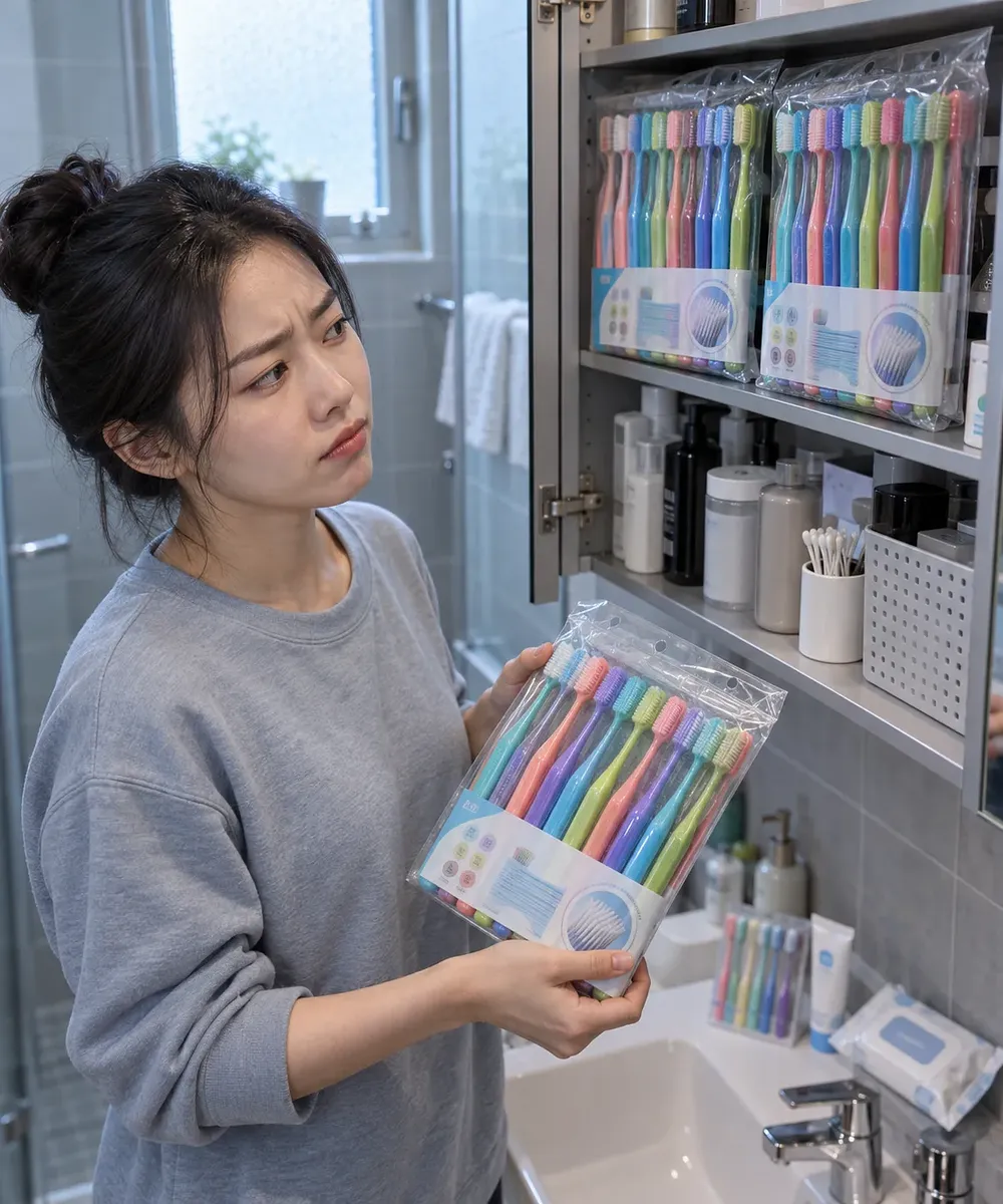 욕실 수납장 앞에서 알록달록한 칫솔 묶음을 들고 살펴보는 여성