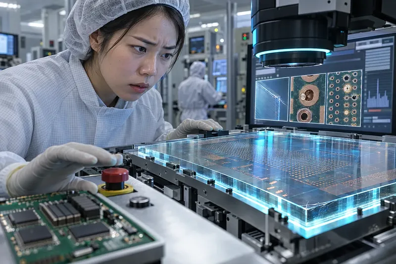 Técnica inspeccionando un gran sustrato semiconductor transparente en una sala limpia