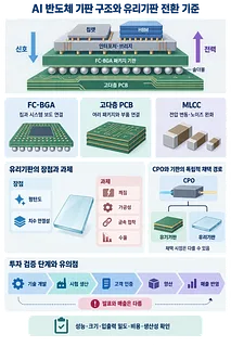 AI 칩·HBM 패키지 적층 구조와 유리기판의 장단점, 채택 경로, 투자 검증 단계를 정리한 인포그래픽
