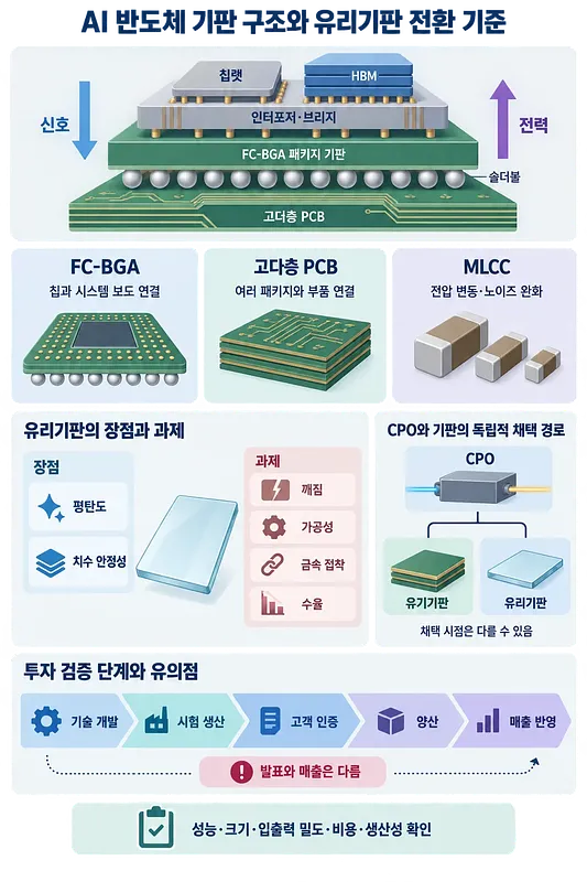 AI 칩·HBM 패키지 적층 구조와 유리기판의 장단점, 채택 경로, 투자 검증 단계를 정리한 인포그래픽