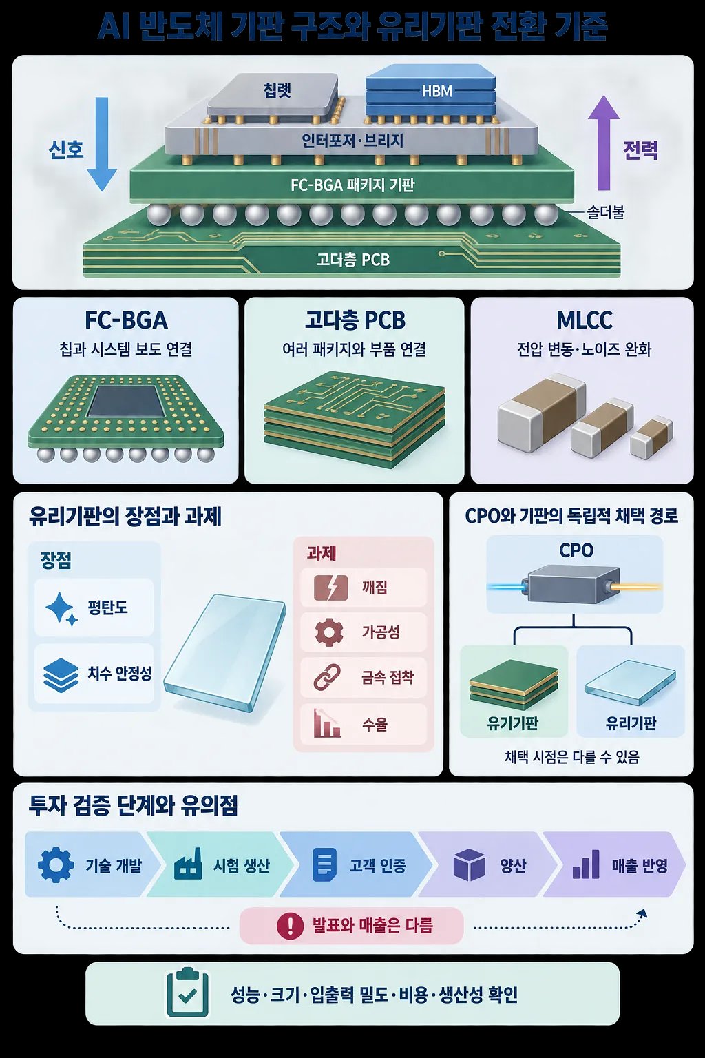 AI 칩·HBM 패키지 적층 구조와 유리기판의 장단점, 채택 경로, 투자 검증 단계를 정리한 인포그래픽