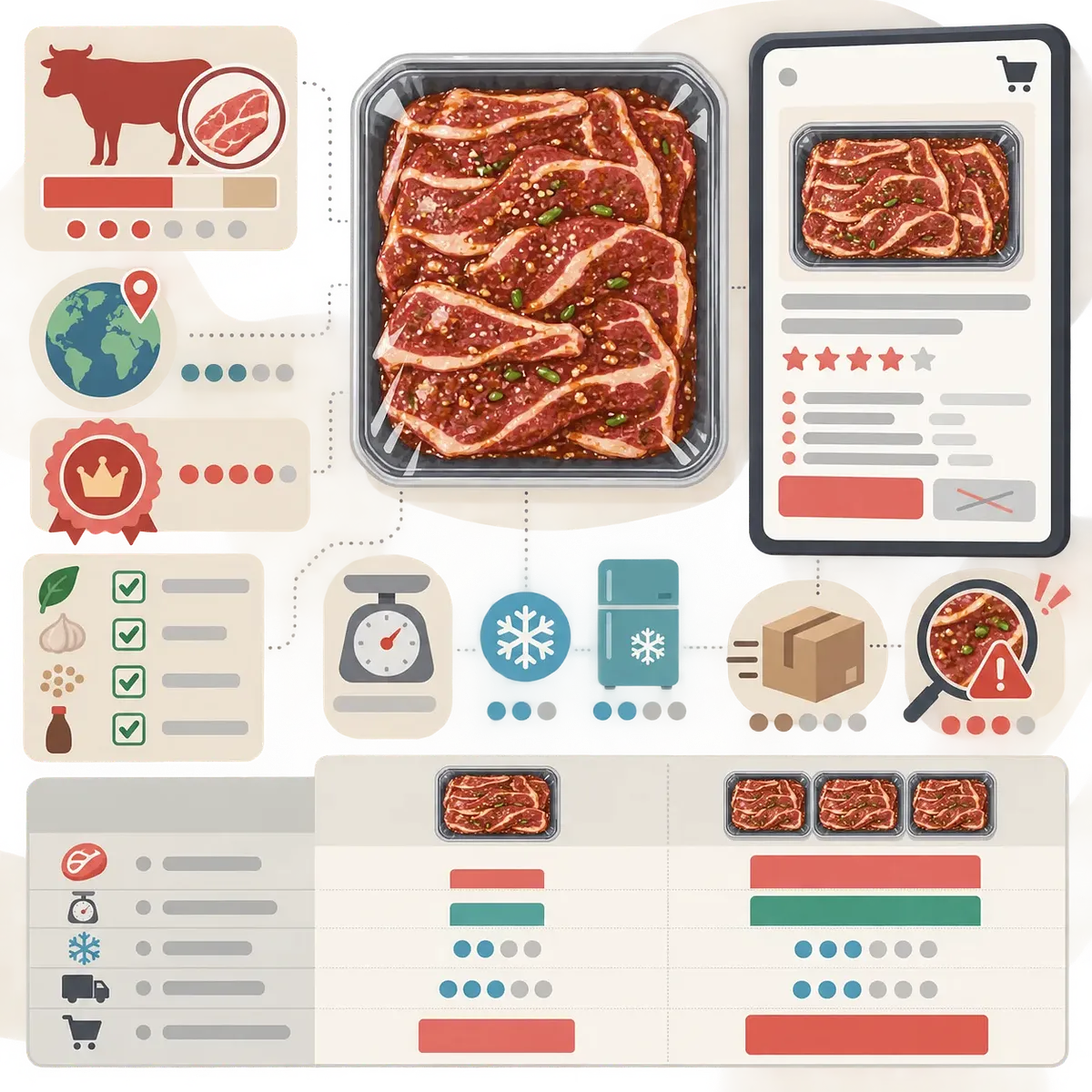 Illustration of packaged marinated LA ribs with online shopping, cold storage, and price comparison icons