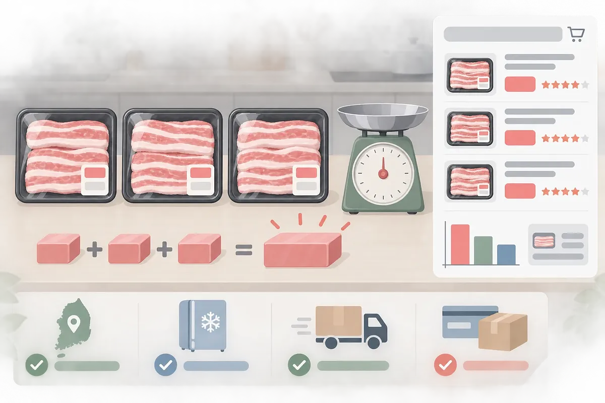 豚バラ肉3パックとキッチンスケール、商品比較画面を並べたイラスト