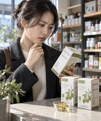 Woman reading an olive supplement box beside three boxes and a bowl of golden capsules