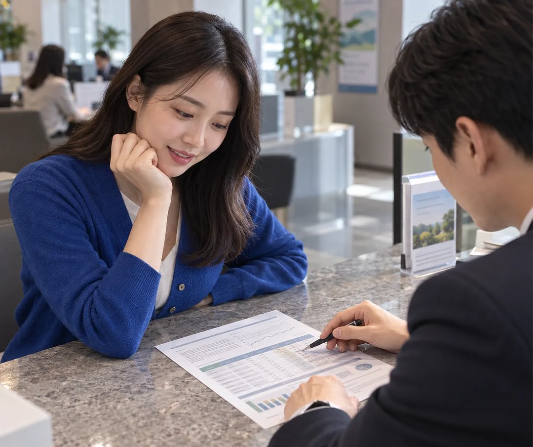 銀行窓口で金利資料を見ながら相談する女性客
