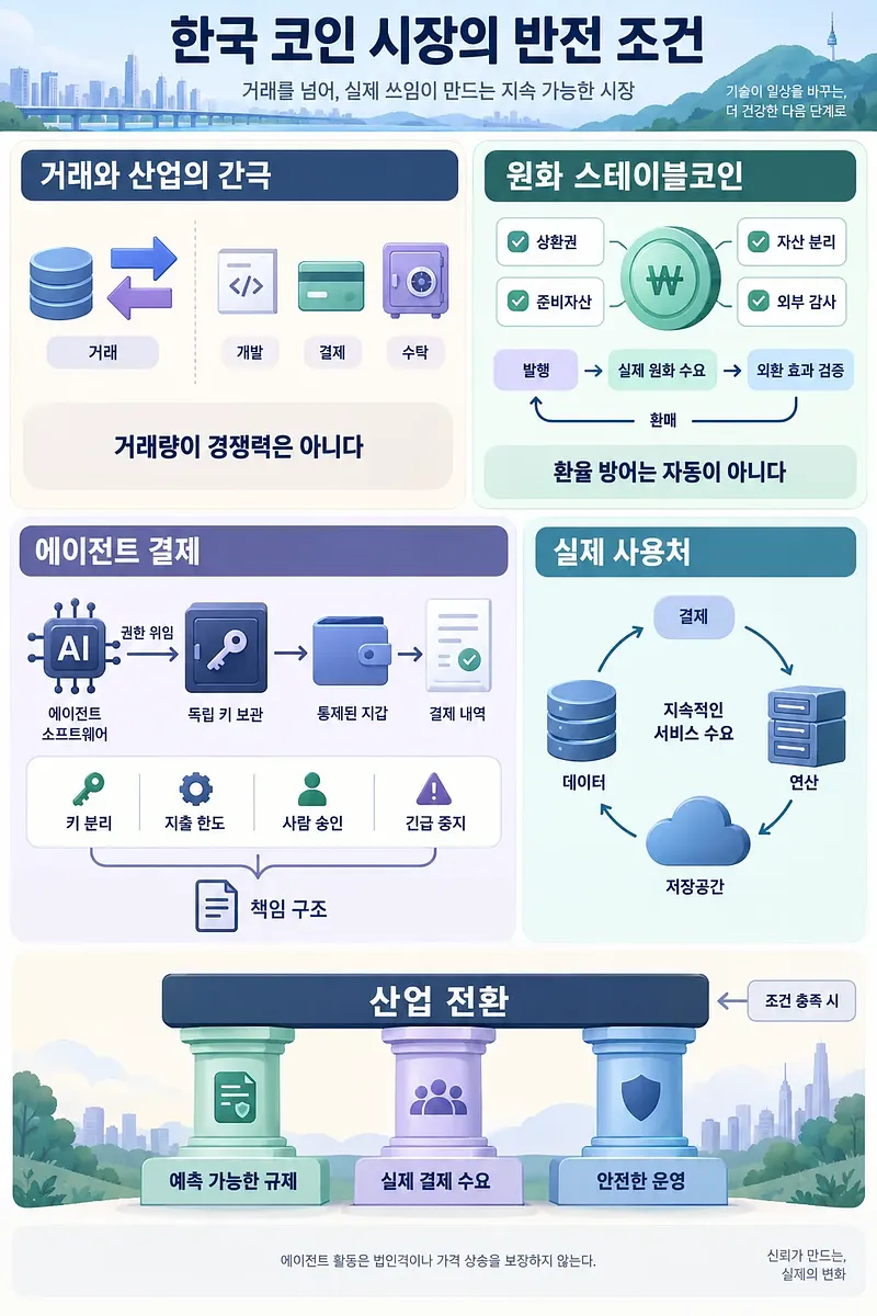産業連携、ウォン連動型ステーブルコイン、AIエージェント決済、実用先を示す韓国暗号資産市場の図解