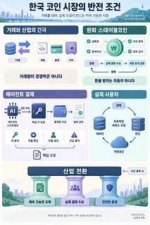 거래·산업 연결, 원화 스테이블코인, AI 에이전트 결제, 실사용처를 설명한 한국 코인 시장 인포그래픽