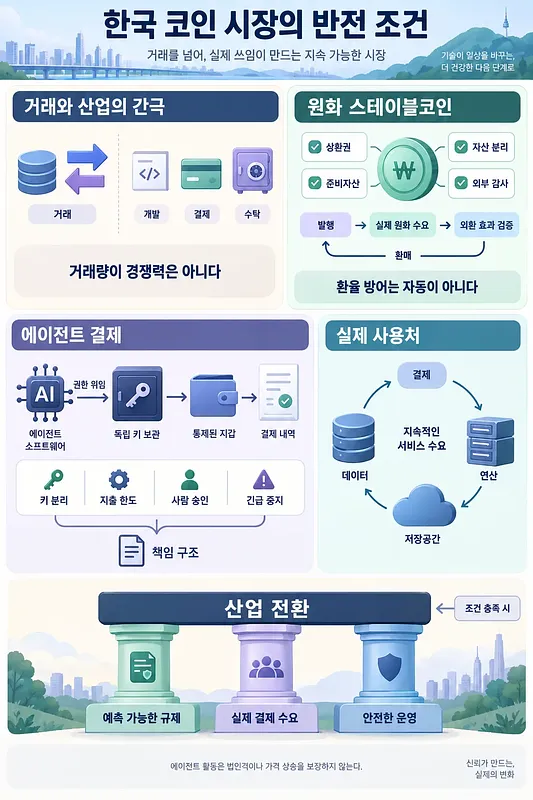 Infographic on Korea’s crypto market covering industry links, won stablecoins, AI agent payments, and real uses