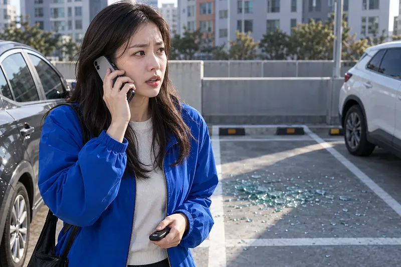 주차장 빈자리에 깨진 유리가 흩어진 가운데 휴대전화로 통화하는 여성