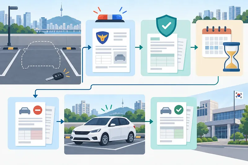 Process from an empty parking space and car key to police reporting, insurance review, and vehicle recovery