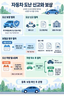 자동차 도난 신고, 보험금 청구, 말소등록, 차량 회수 후 절차를 안내하는 인포그래픽