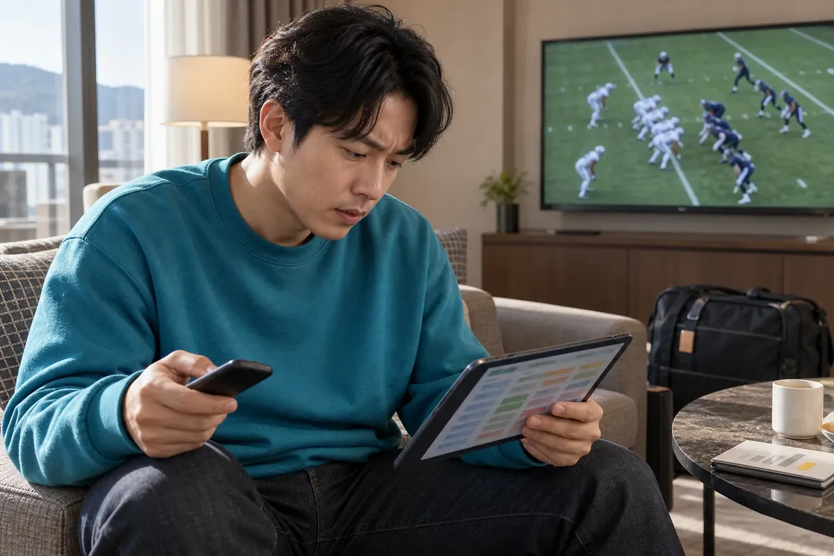 거실에서 미식축구 중계를 틀어 놓고 태블릿을 확인하는 남성