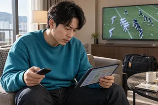 Hombre consulta una tableta mientras ve un partido de fútbol americano en la televisión