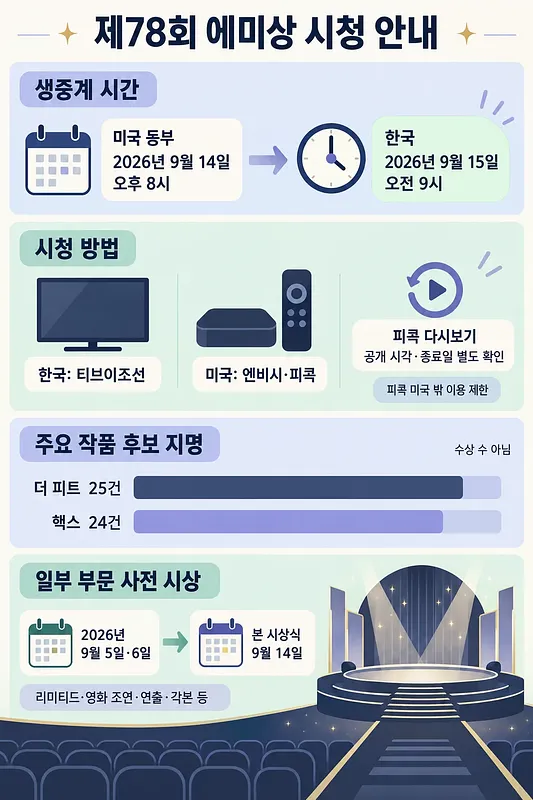 제78회 에미상 생중계 시간, 시청 방법, 주요 후보와 사전 시상 일정을 정리한 인포그래픽