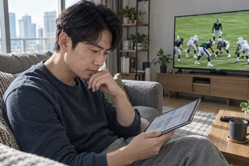 거실에서 미식축구 중계를 틀어 놓고 태블릿을 확인하는 남성