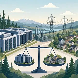 Illustration of a data center, homes, power lines, and a scale weighing electricity costs