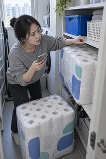 ランドリールームでトイレットペーパー2パックを収納しながらスマートフォンを見る女性