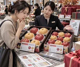 百貨店でリンゴと梨の詰め合わせを見比べ、店員の説明を聞く客