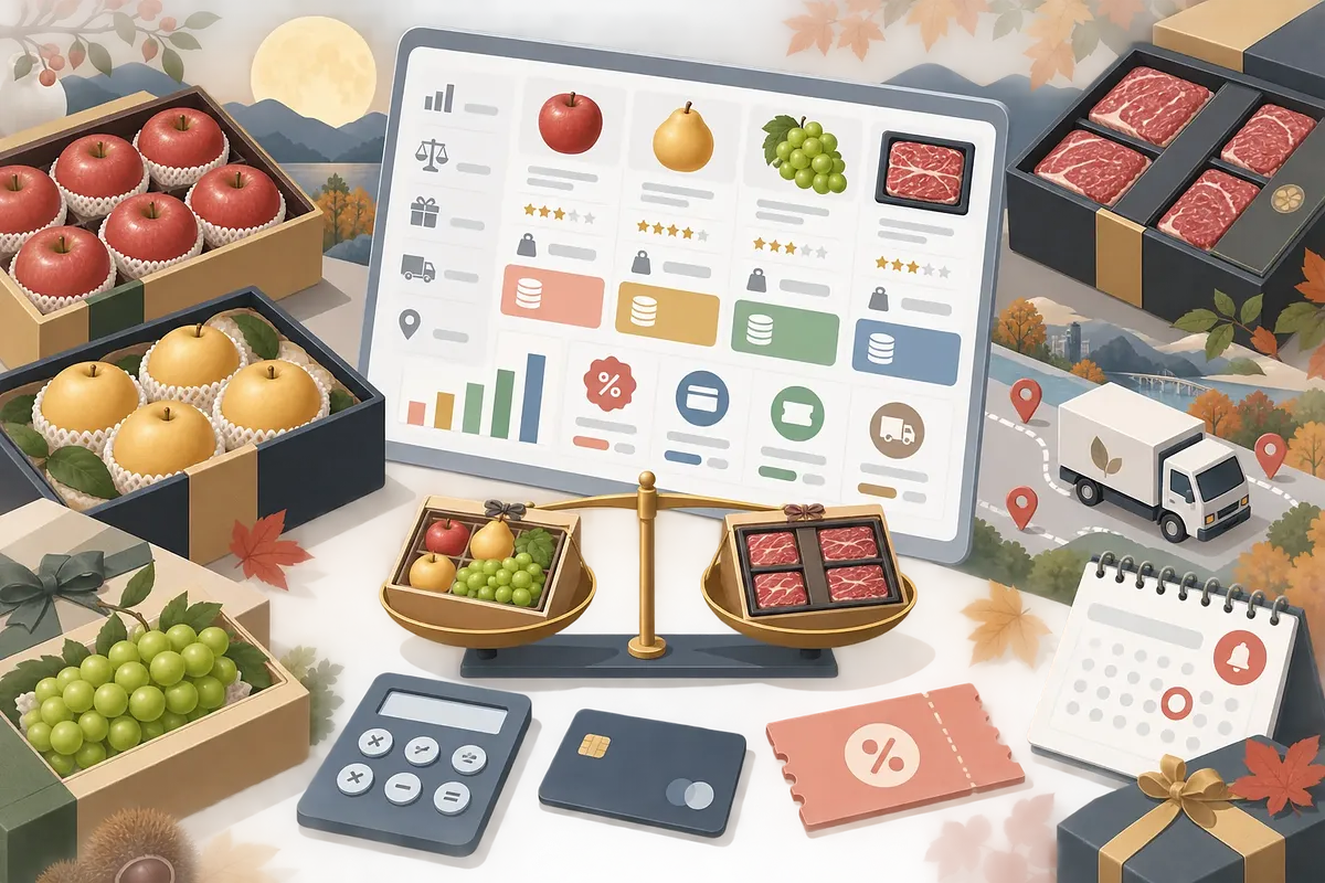 Cajas de fruta y carne junto a una pantalla comparativa, balanza, cupón y calendario