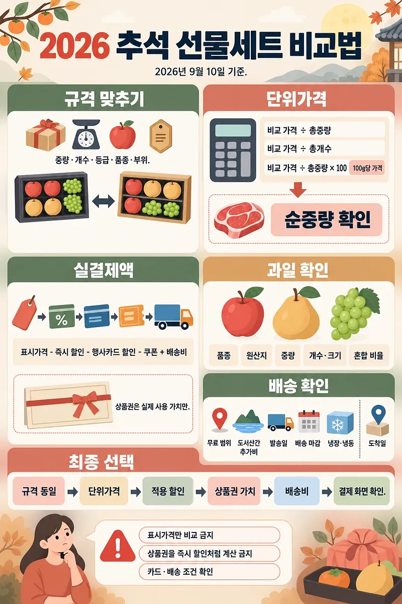 2026 추석 선물세트의 규격, 단위가격, 실결제액, 과일과 배송 조건을 비교하는 안내표