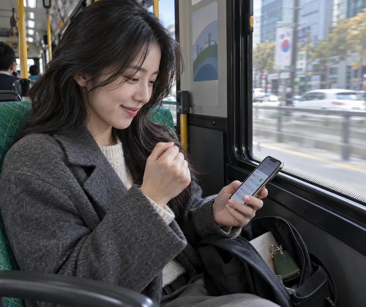 버스 창가 좌석에서 스마트폰을 보며 미소 짓는 여성