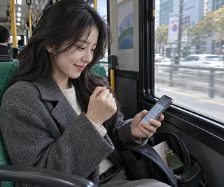 Mujer sonriente mirando su teléfono junto a la ventana de un autobús