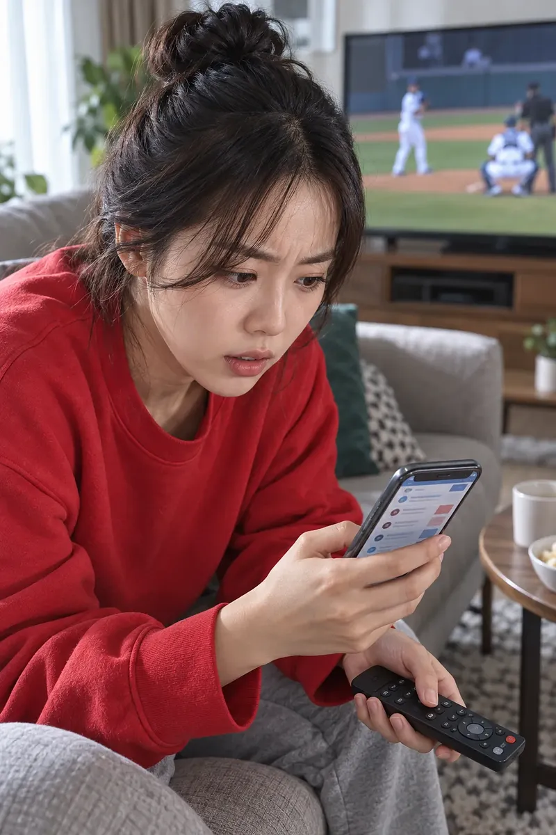 Mujer con un teléfono y un mando mientras ve béisbol en la televisión