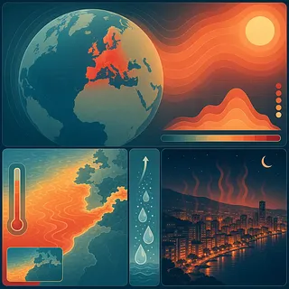 赤く示された欧州、海面水温図、温度計、暑い夜の都市を描く猛暑インフォグラフィック