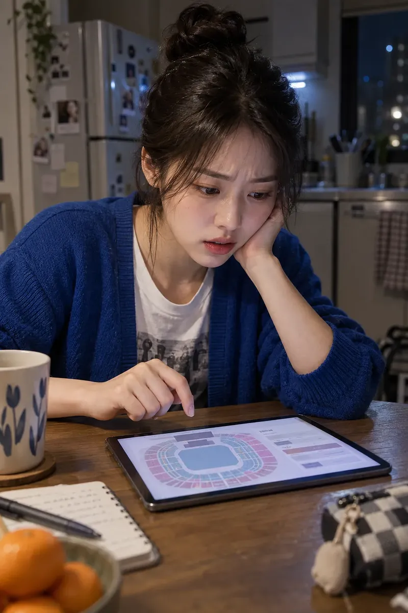 주방 식탁에서 태블릿의 공연장 좌석 배치도를 살펴보는 여성