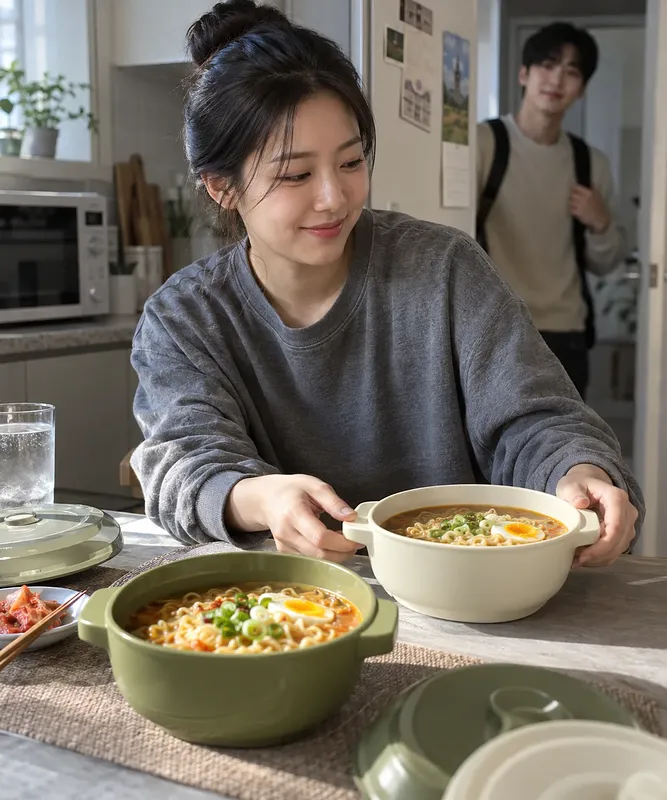 Woman serving egg ramen in ivory and olive green containers at a kitchen table