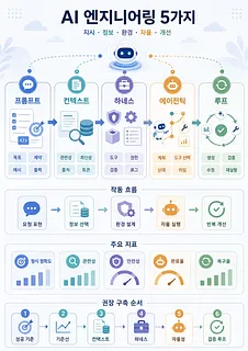 프롬프트부터 루프까지 AI 엔지니어링 5가지의 역할, 작동 흐름, 지표와 구축 순서를 정리한 인포그래픽