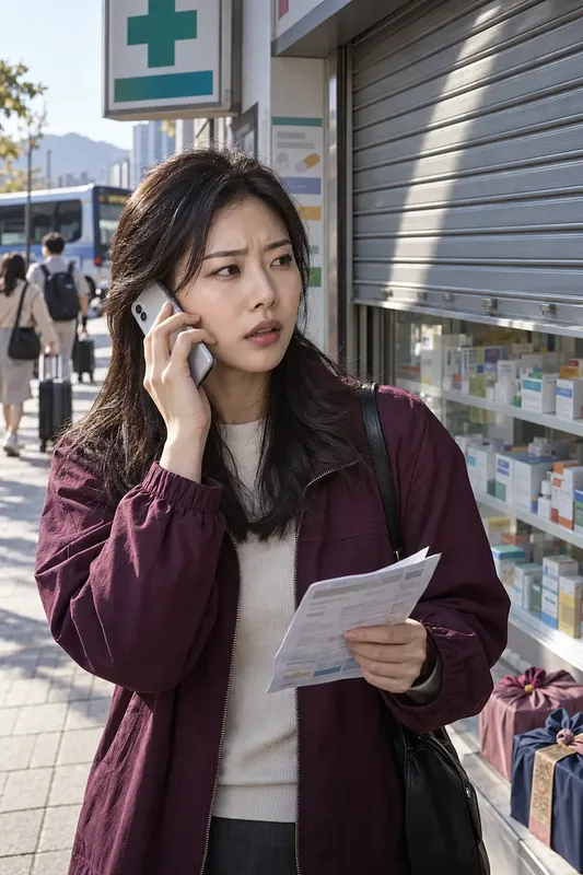 약국 앞에서 안내문을 들고 전화하는 걱정스러운 표정의 여성
