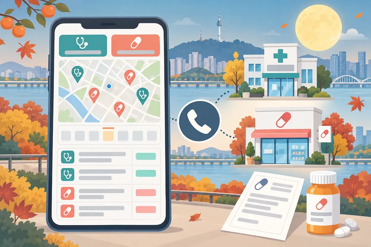 Mapa en un teléfono con hospitales y farmacias bajo la luna llena de otoño