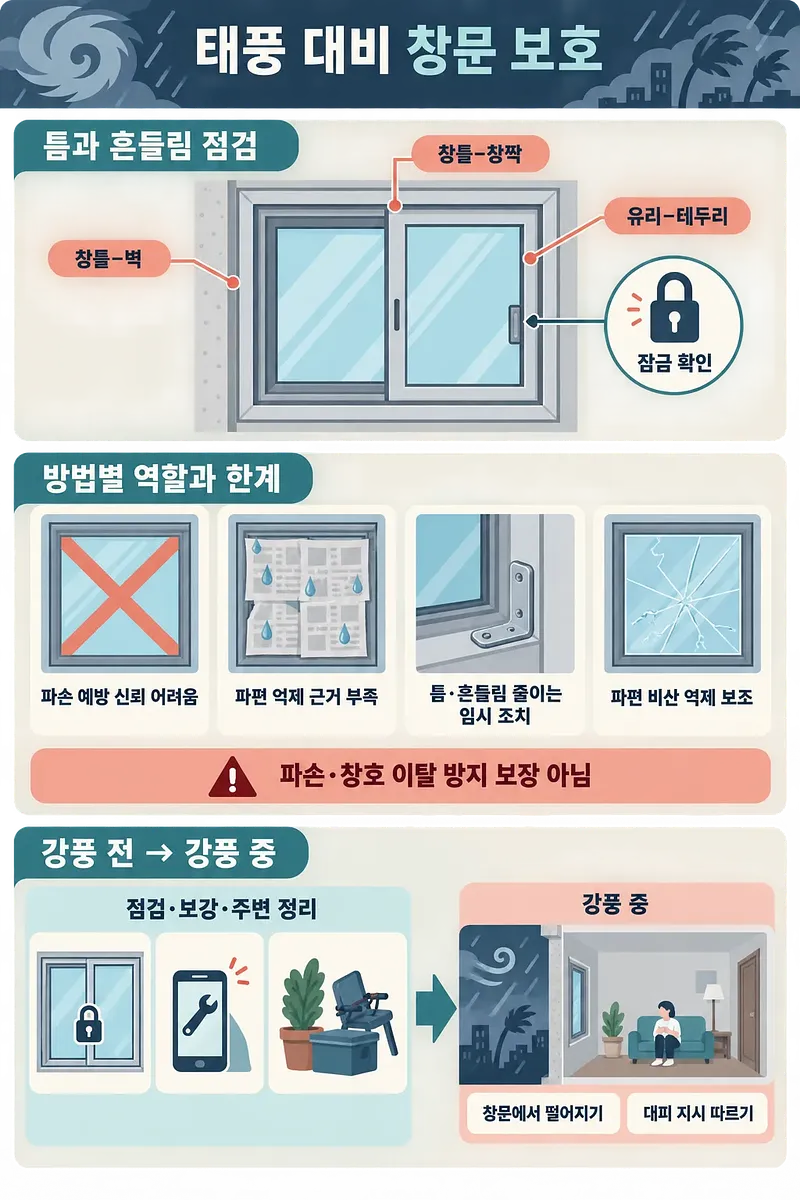 태풍 전 창틀과 잠금장치를 점검하고 X자 테이프 등 창문 보호법의 한계를 설명하는 안전 안내문