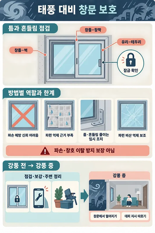태풍 전 창틀과 잠금장치를 점검하고 X자 테이프 등 창문 보호법의 한계를 설명하는 안전 안내문