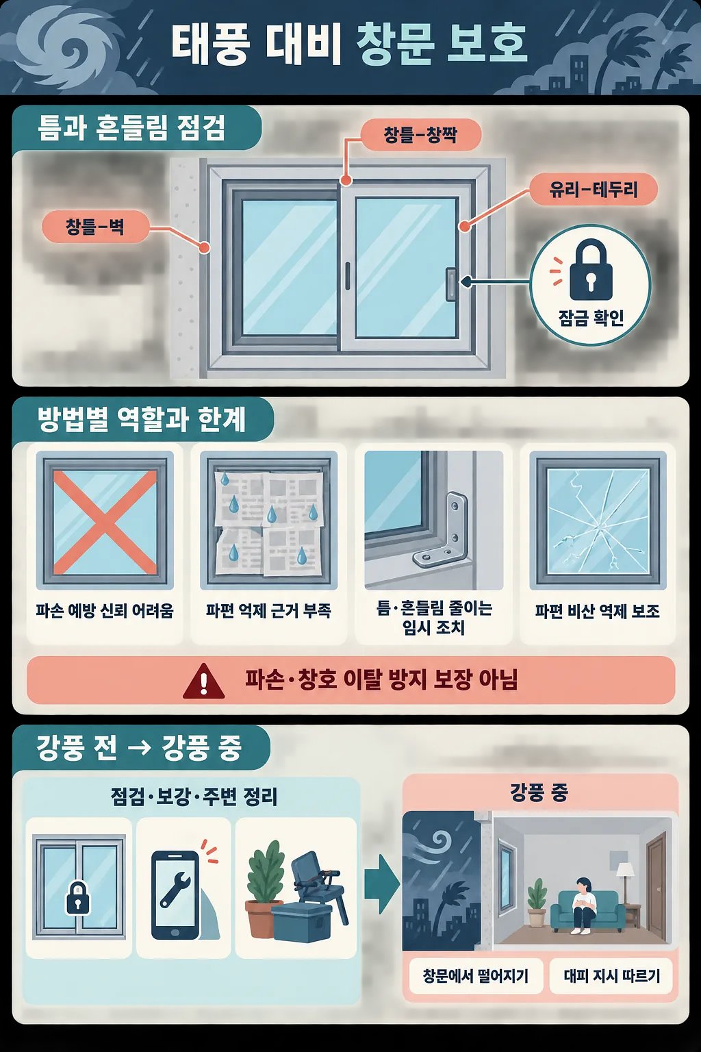태풍 전 창틀과 잠금장치를 점검하고 X자 테이프 등 창문 보호법의 한계를 설명하는 안전 안내문